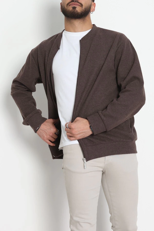 Fermuarlı Selanik Kumaş Erkek Sweat Kahve 3