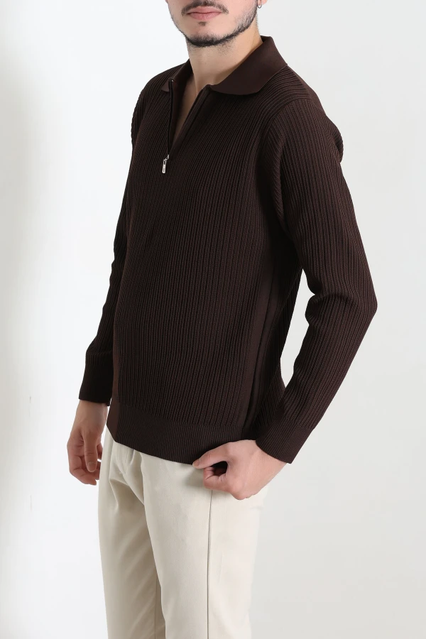 Fermuarlı Polo Yaka Erkek Triko Sweat Kahve 4
