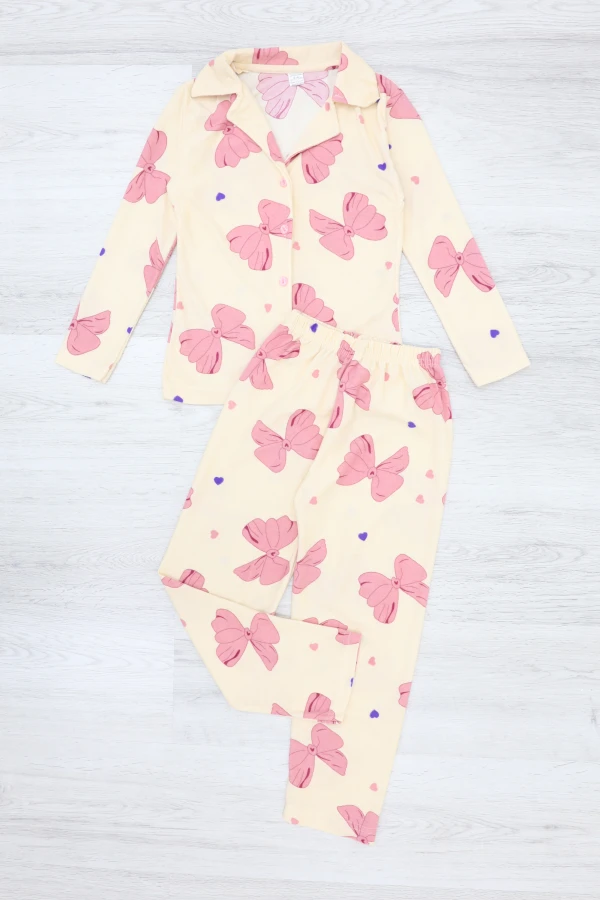 Çocuk Bej Baskılı Süet Düğmeli 5-12 Yaş Pijama Takımı 4
