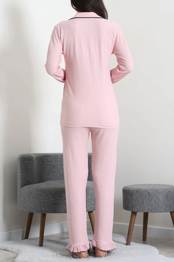 Kadın Pudra Bürümcük Düğmeli Pijama Takımı Rahat Kalıp 7
