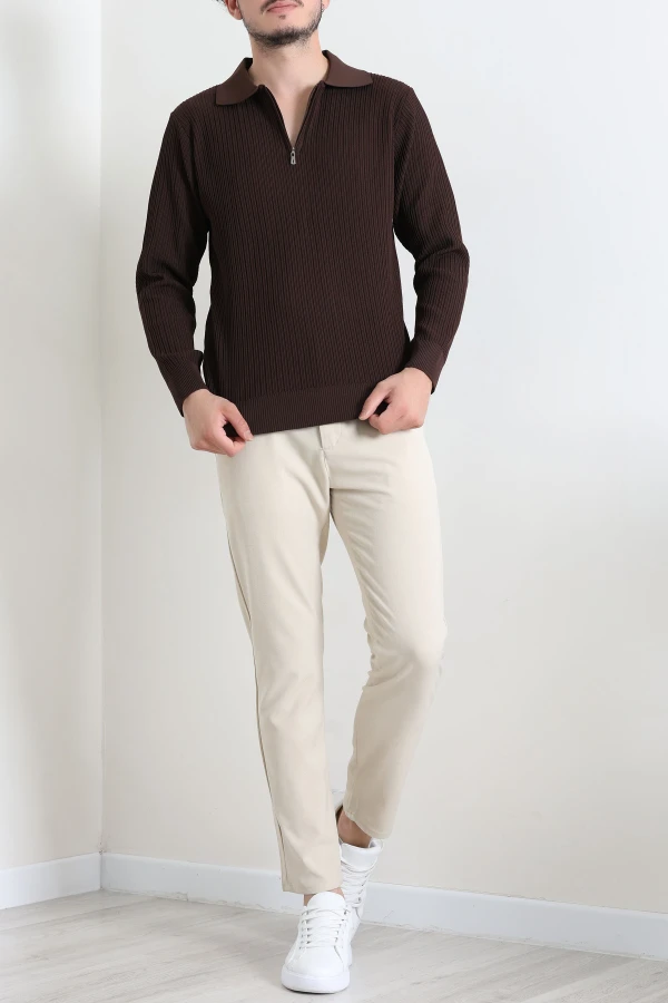 Fermuarlı Polo Yaka Erkek Triko Sweat Kahve 5