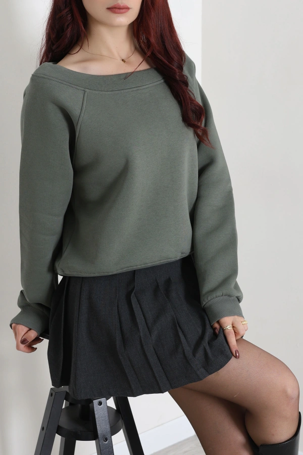 Kadın Haki Kayık Yaka 3 İplik Şardonlu Sweatshirt Tunik 4