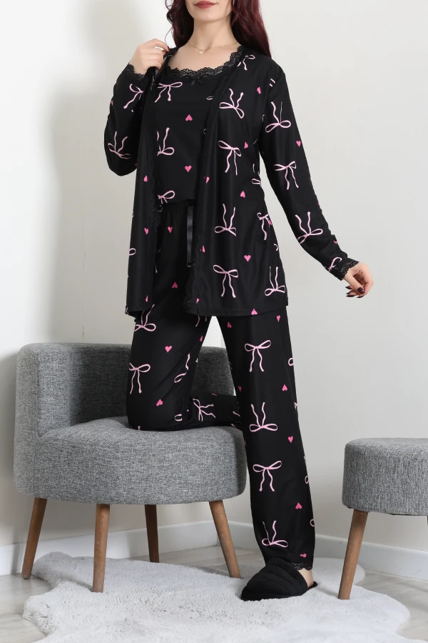 Süet 3'Lü Pijama Set Siyahkurdele 4