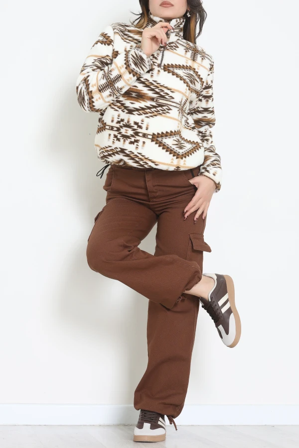 Yarım Fermuarlı Peluş Sweat Ekruetnik 4