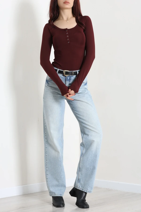 Kadın Bordo Dalgıç Bisiklet Yaka Uzun Kol Çıtçıtlı Body 2