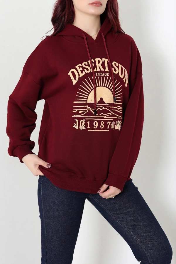 Kadın Bordo Üç İplik Kapüşonlu Baskılı Sweat Tunik 3