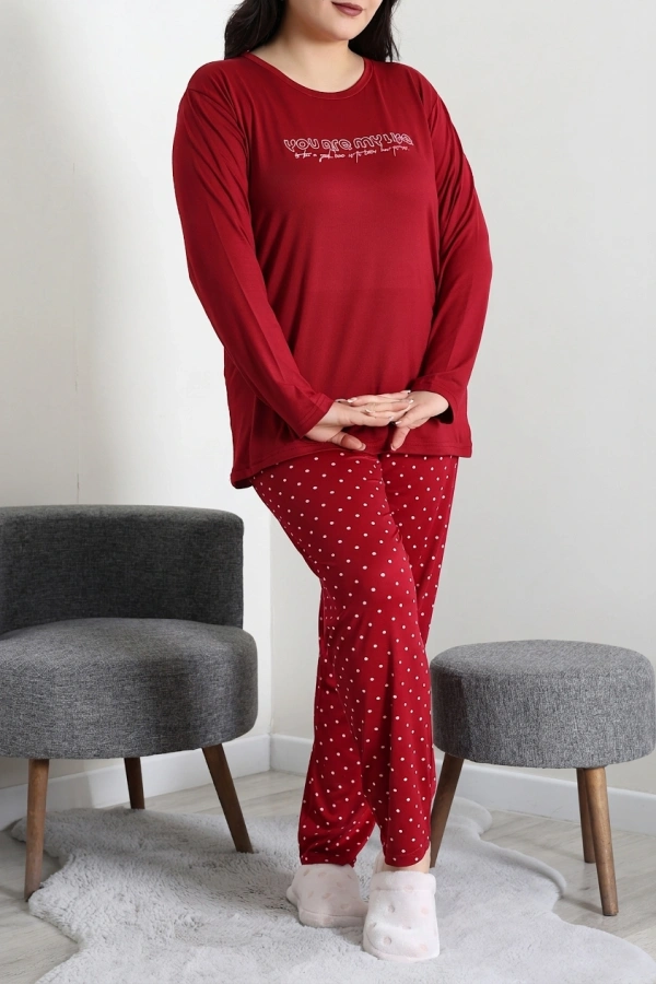 Kadın Kırmızı Puanlı Büyük Beden Baskılı Pijama Takımı 4