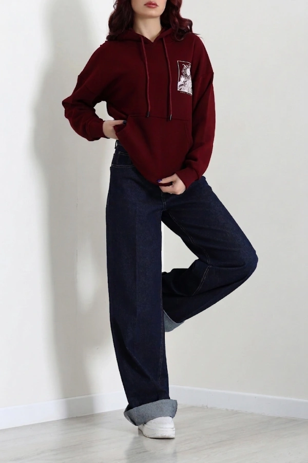 Kadın Bordo Kapüşonlu Baskılı Oversize Sweat Tunik 4