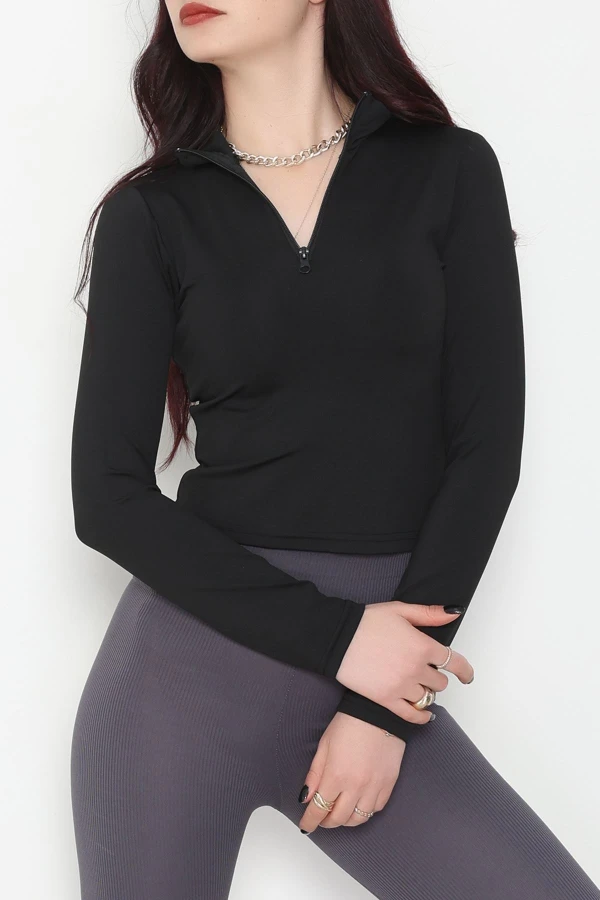 Kadın Siyah Dalgıç Kumaş Fermuarlı Basic Body