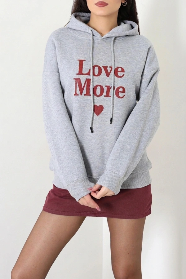 Kadın Gri Üç İplik Kapüşonlu Baskılı Sweatshirt Tunik 3