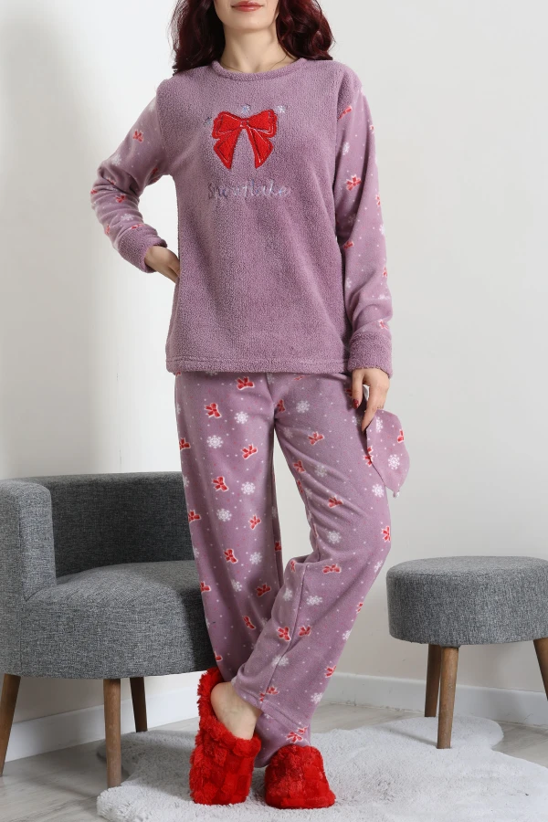 Kadın Koyu Lila Welsoft Pijama Takımı Uzun Kollu Rahat Kalıp 2