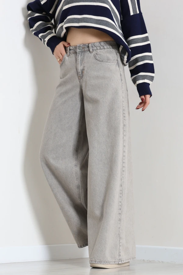 Kadın Gri Wide Leg Yüksek Bel Bol Paça Kot Pantolon 3