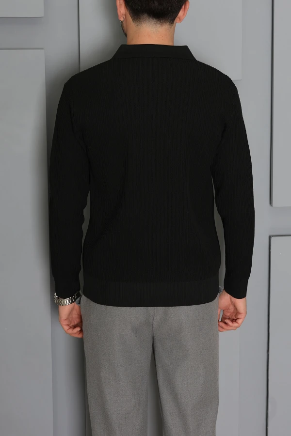 Fermuarlı Polo Yaka Erkek Triko Sweat Siyah 8