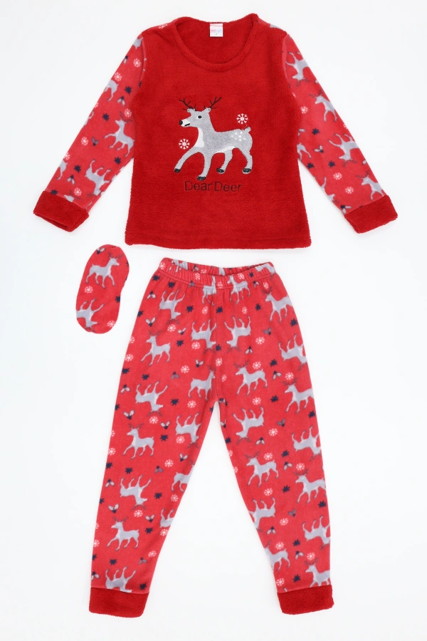 Çocuk Kırmızı Welsoft Kışlık Pijama Takımı Geyik Baskılı 5