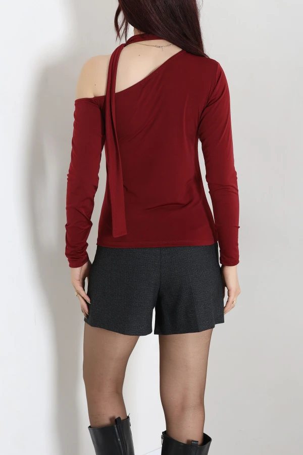 Fularlı Asimetrik Yaka Sandy Bluz Bordo 6