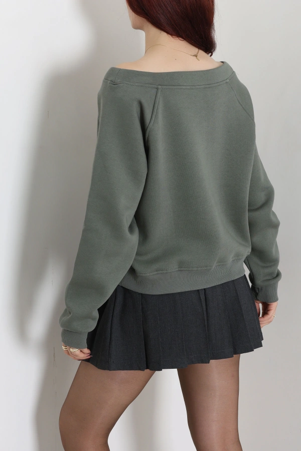 Kadın Haki Kayık Yaka 3 İplik Şardonlu Sweatshirt Tunik 8