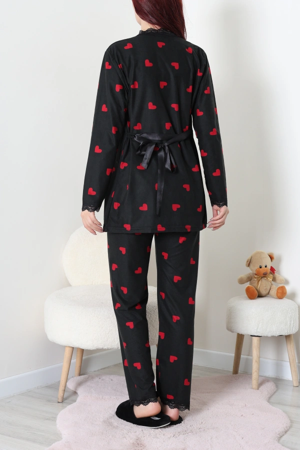 Süet 3'Lü Pijama Set Siyahkırmızı 7