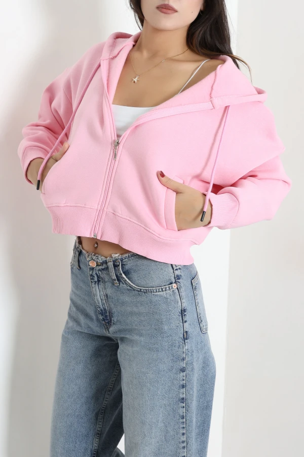 Kadın Pembe Oversize Fleto Cepli 3 İplik Kompakt Sweat 5