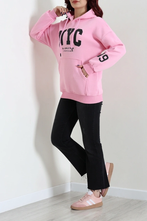Kadın Pembe Kapüşonlu Baskılı Oversize Sweat Tunik 6