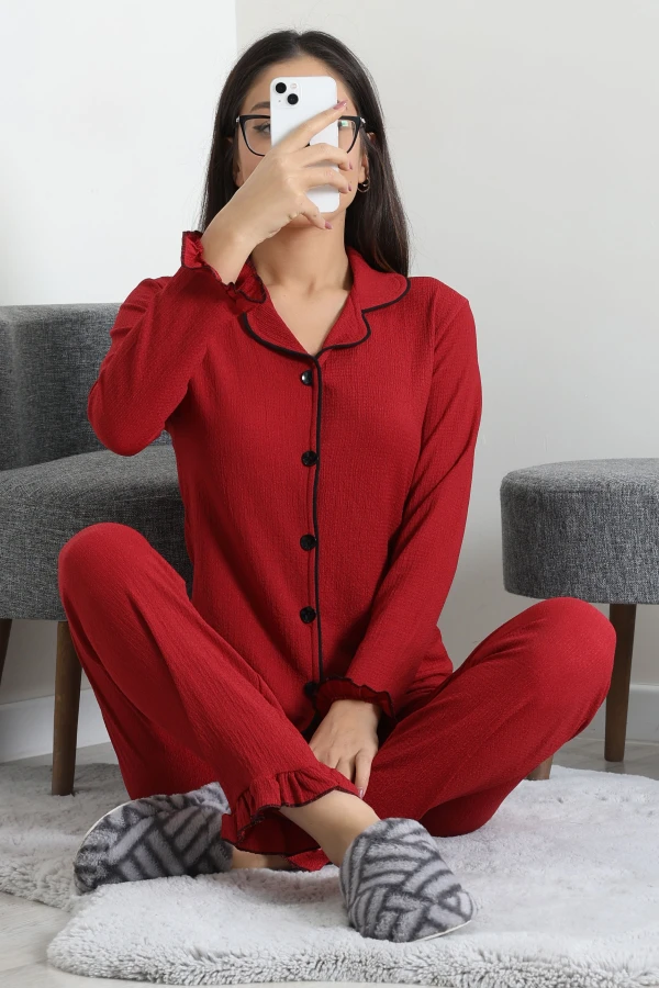 Kadın Bordo Bürümcük Düğmeli Pijama Takımı Rahat Kalıp 5