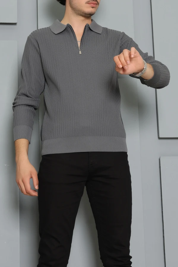 Fermuarlı Polo Yaka Erkek Triko Sweat Antrasit 4