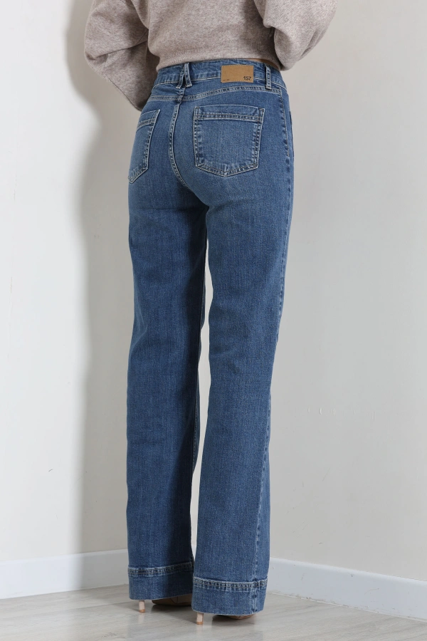 Kadın Mavi Yıkamalı Geniş Paça Katlamalı Kot Pantolon 7