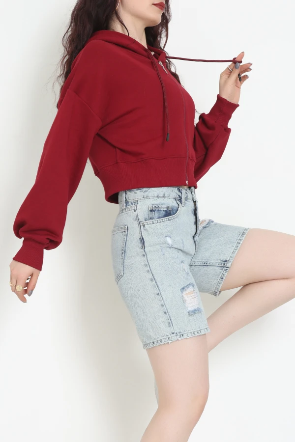 3 İplik Şardonsuz Balon Kol Crop Sweat Bordo 2
