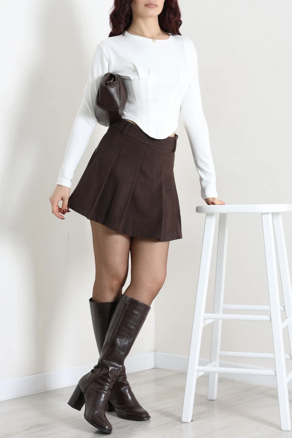 Pileli Modal Crop Bluz Ekru 4