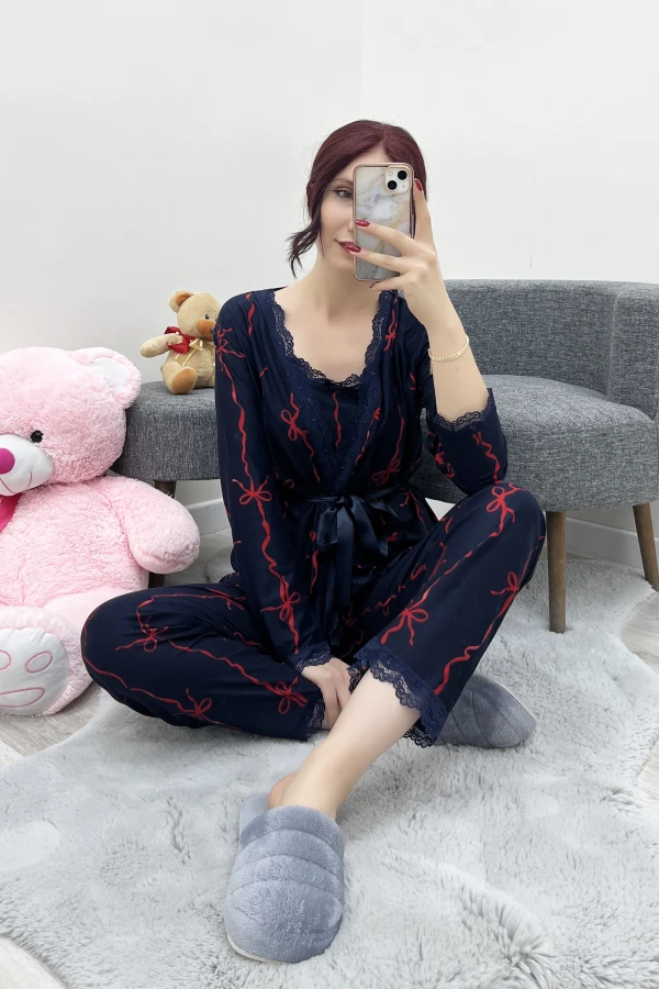 Süet 3'Lü Pijama Set Lacivertkurdele 7