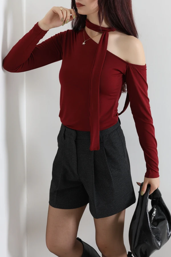 Fularlı Asimetrik Yaka Sandy Bluz Bordo 5