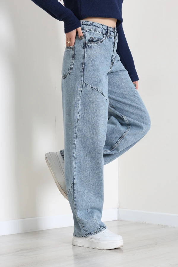 Kadın Açık Mavi Dikiş Detaylı Baggy Fit Yüksek Bel Kot Pantolon