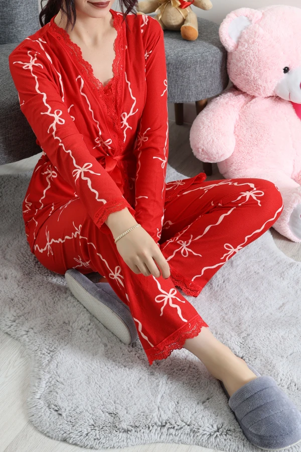 Süet 3'Lü Pijama Set Kırmızı 5