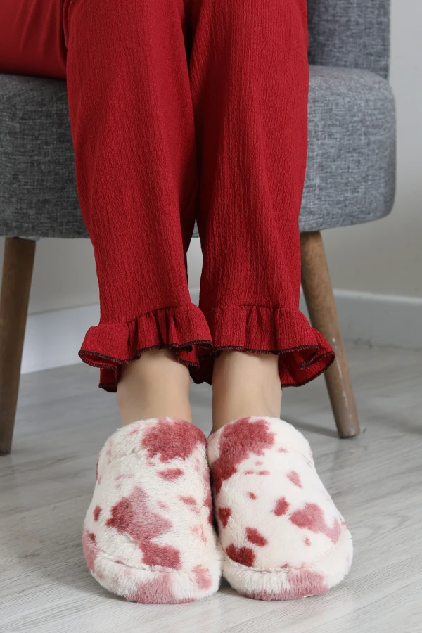 Kadın Bordo Peluş Ev Terliği Sıcak Tutan Kaymaz Taban 3
