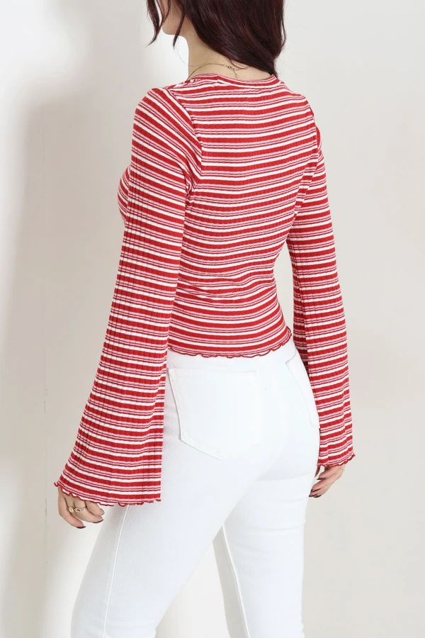 Çizgili Crop Bluz Kırmızı 7