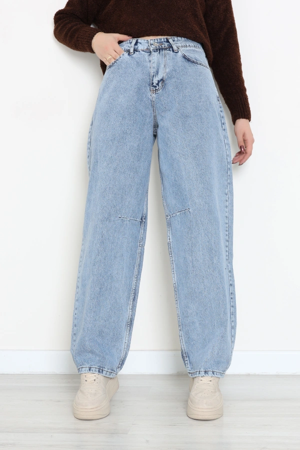 Kadın Buz Mavi Baggy Fit Yüksek Bel Kot Pantolon 4