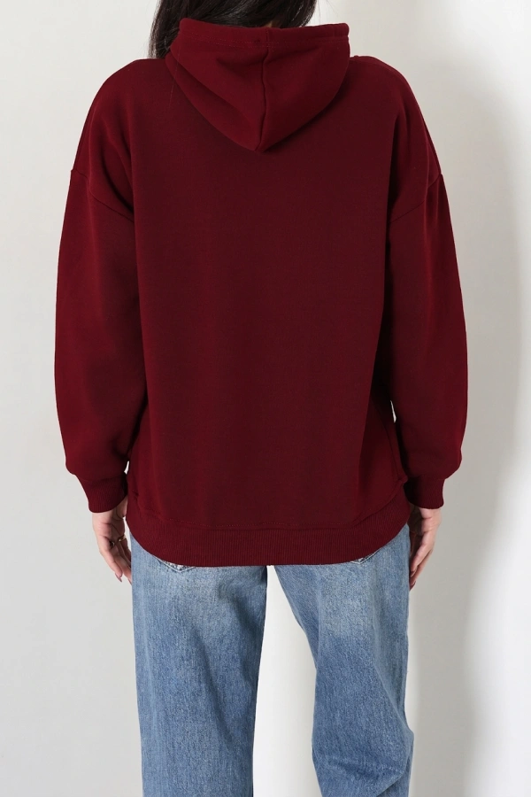 Kadın Bordo Üç İplik Kapüşonlu Baskılı Sweat Tunik 8