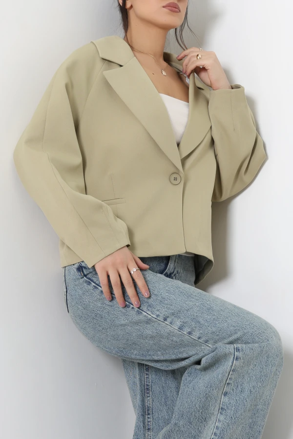 Tek Düğme Balon Kol Blazer Ceket Açıkhaki 3