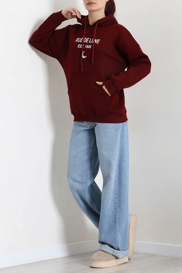 Kapşonlu Baskılı Sweat Bordo 6