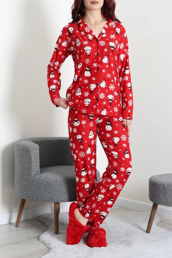 Kadın Kırmızı Beyaz Süet Düğmeli Rahat Pijama Takımı 3