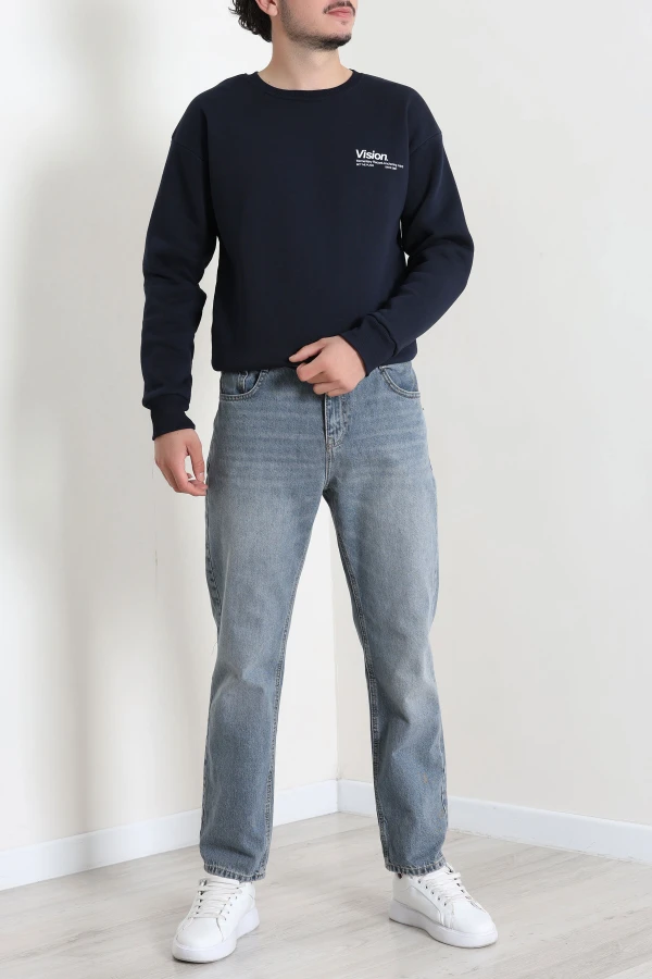 Erkek Lacivert Bisiklet Yaka Baskılı Şardonlu 3 İplik Sweatshirt 2