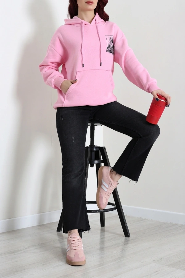 Kadın Pembe Kapüşonlu Baskılı Oversize Sweat Tunik 4