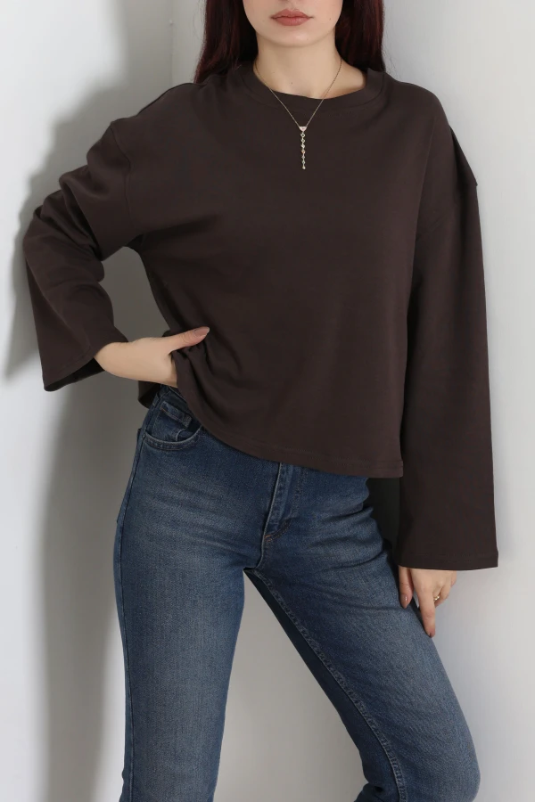 Kadın Acıkahve Kimono Kol Penye Sweat Tunik 3
