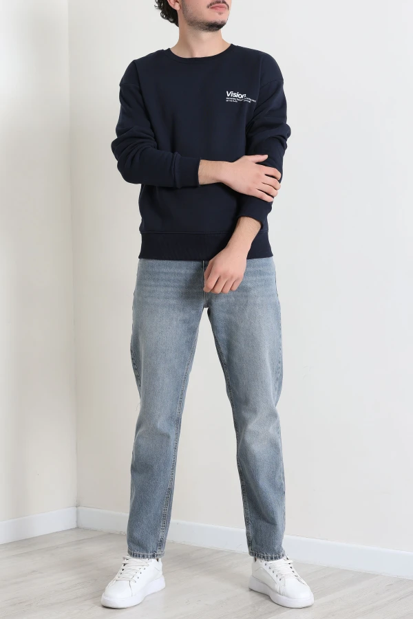 Erkek Lacivert Bisiklet Yaka Baskılı Şardonlu 3 İplik Sweatshirt 4