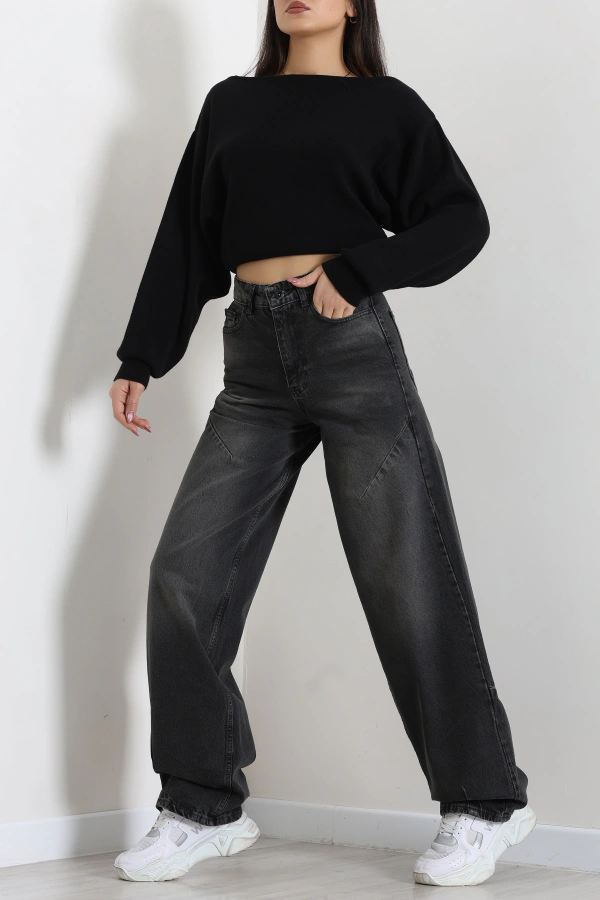 Kadın Füme Tokalı Baggy Fit Yüksek Bel Kot Pantolon 6