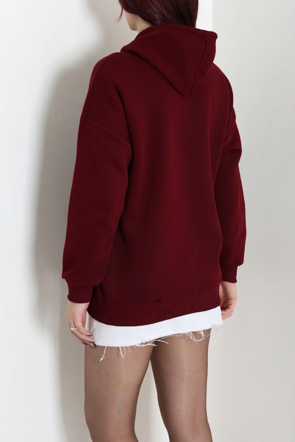 Kadın Bordo Üç İplik Kapüşonlu Nakışlı Sweatshirt 8