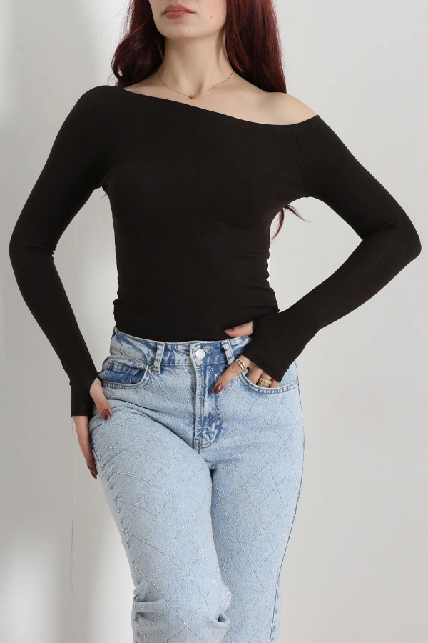 Kadın Acıkahve Omuz Açık Parmak Geçmeli Basic Body 4