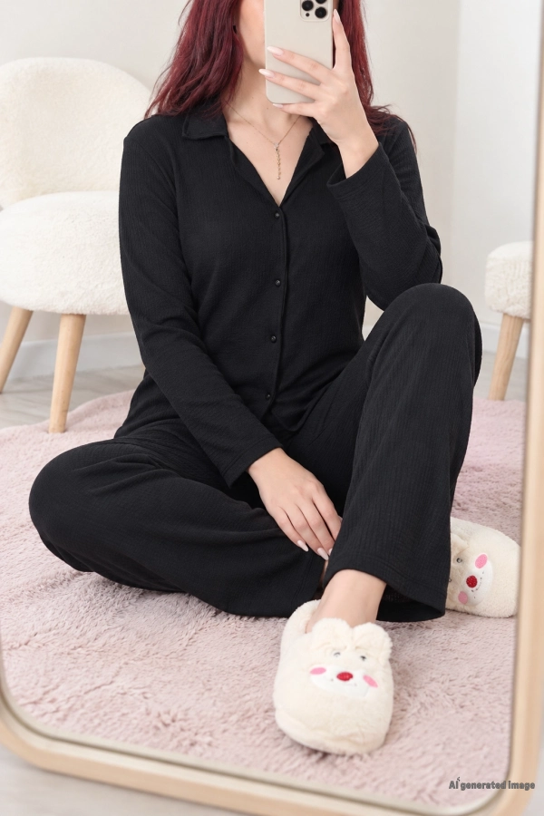 Bürümcük Düğmeli Pijama Takımı Siyah