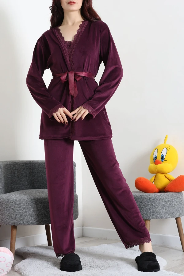 Fransız Kadife 3'Lü Pijama Seti Mor 2
