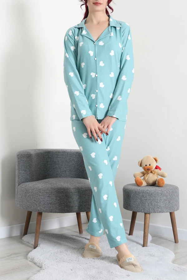 Kadın Mint Yeşili Süet Düğmeli Pijama Takımı 3