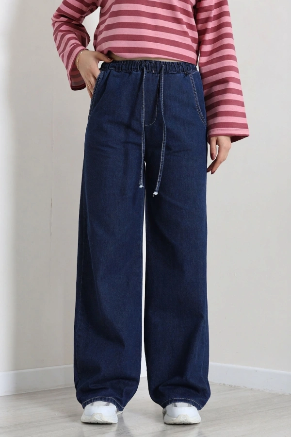 Kadın Koyu Mavi Beli Lastikli Bol Paça Kot Pantolon 5